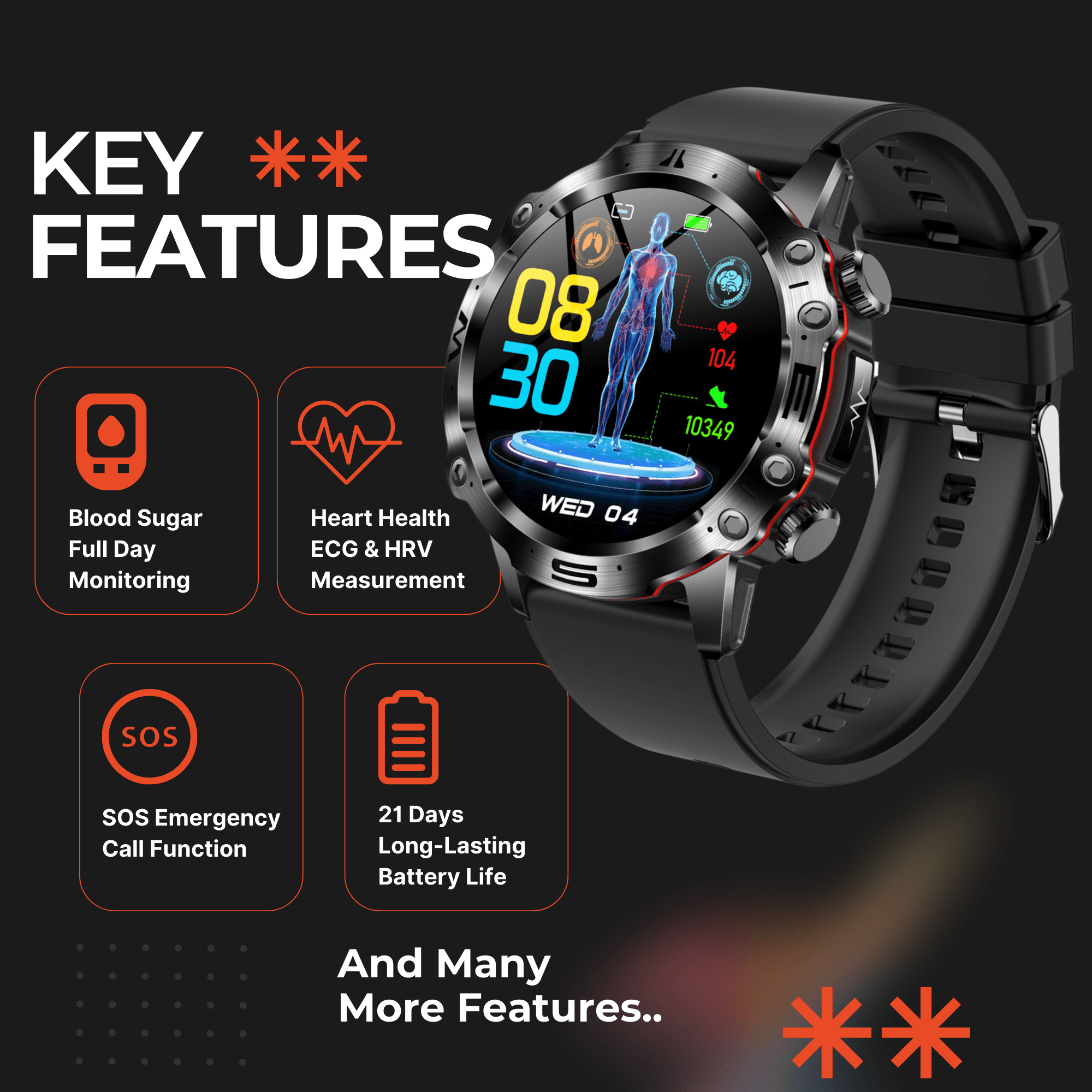 Smart Ware Pulse 2 High - End ECG PPG and Blood Glucose Monitoring Smart Watch - Smart Ware Co